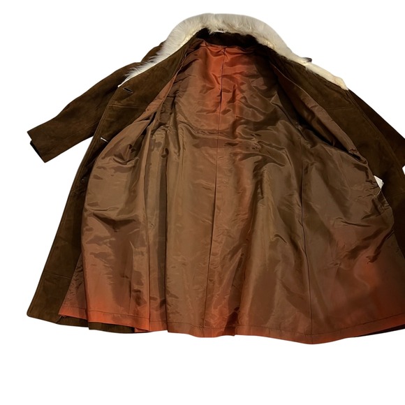 Vintage Brown Suede Trench Coat With White Fur Collar Belted 70s Penny Lane M - Picture 6 of 12